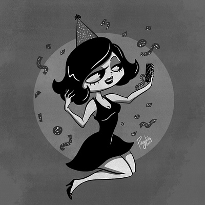 New Year Selfie black and white celebration illustraion party pinup girl postcard procreate selfie vanity