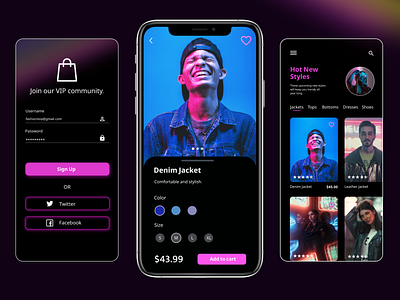 NEON LUX - CLOTHING APP clothing dark dark mode dark ui design ecommerce light mobile mobile app neon neon colors pink shop socialmedia