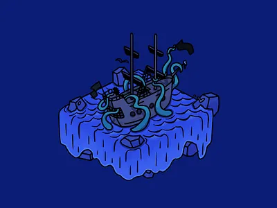 big ship — big kraken (night) 90s 90s cartoon boat high seas illustration kraken night ocean pirate pirates rocks sea ship sloop squid