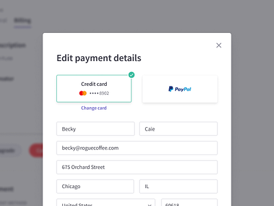 Edit Payment Details Form account account details billing billing details clipchamp credit card design dialog edit edit details modal payment payment form paypal product design