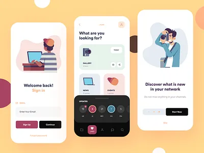 Discovery App app design app menu dashboard discover feed news app onboarding pagination sign in tutorial ui updates user menu ux