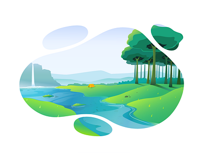 Camping art camping design dribbble environment green illustration landscape nature river vector waterfall