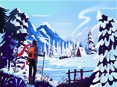 Explorer background cabin character design forest game design illustration landscape mountain nature sky snow sunset uiux vector web web design website website design winter