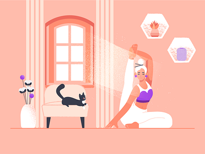 Morning yoga cat flowers girl illustration interior light vector yoga