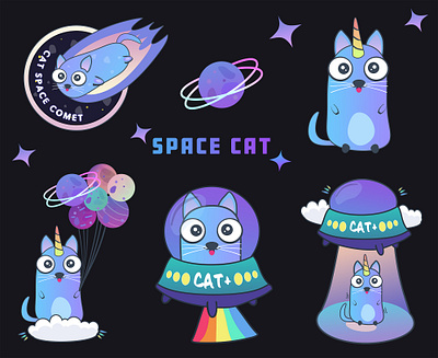 Space cat stickers. Cute funny cats. Unicorn, alien. comet. alien cat crazy funny happy cat kids kids illustration magic space startup stickers unicorn