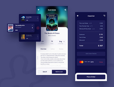 E-Book store application app author cart screen checkout page colorful corporate design dark ui design detail page e book app glassmorphism minimal design mobile app ui design online book store online shop online store trend trendy design ui ux
