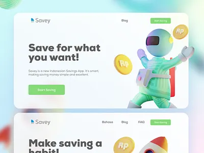 Savey - 3D App Saving Finance 3d app blender branding character design dollar finance illustration money rocket rupiah saving space ux