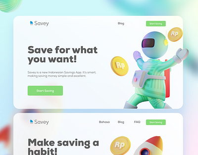 Savey - 3D App Saving Finance 3d app blender branding character design dollar finance illustration money rocket rupiah saving space ux