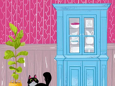 Black cat buffet cat character cupboard design dishes flower illustration plant pot procreate room