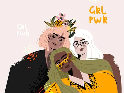 Cute girls adobe illustrator cartoon character design feminism flat illustration line art ui vector