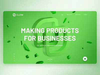 CLOW developer floating green landing page link minimal rocks ui website
