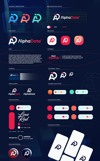 AlphaDate dating dating app dating website gradient logo logo design love modern technology