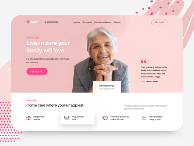 Alder - Elderly Care Web Design Exploration app care caregiving charity design elderly elderly care elders family header homepage landing page medical nursing old age senior care ui web website woman