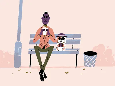 Bite bench burger cookie dog fashion food hat outfit park puppy street sunglasses trash