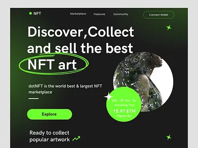 NFT Marketplace Website bitcoin blockchain crypto cryptocart cryptocurrency dark design header interface landing page marketplace nft marketplace nftmarketplace nfts token ui ui design web design website website design