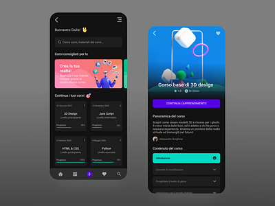 Course App UI Concept 3d design 3d ilustration app course courses dark dark mode dark theme dark ui design emoji italian material design minimal product design udemy ui ux vibrant colors web