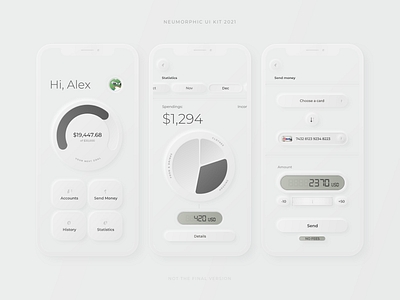 Neumorphic Mobile Banking App amount app balance banking chart dashboard goal home page income minimal mobile money neumorph skeuomorph spendings statistics transaction ui ux wheel