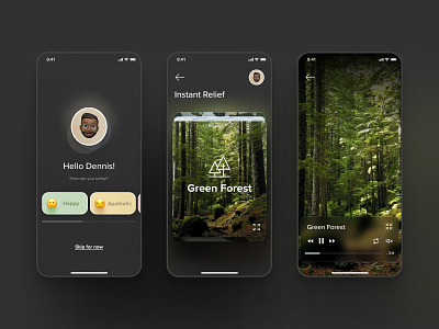 Relax & Meditation Mobile App Concept app chill concept dark design glassmorphism interface meditation nature relax ui uiux userexperience userinterface ux uxui