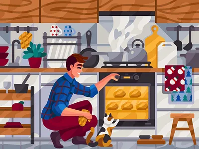 Waiting for buns cat christmas time coloring book family flatdesign gallery game illustration husband illustration interior kitchen kitchenware lovely modern oven scandinavian vector vector illustration winter