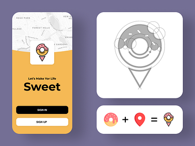 Logo for Pastry Searching Mobile App donut food location logo logodesign logotype mobile app pin symbol ui