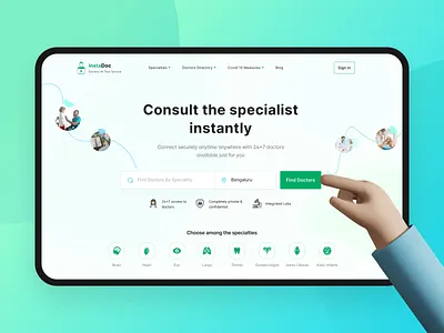 InstaDoc - Online doctor Consultation app ui book appointment consultation dailyui dailyuichallenge doctor doctors healthcare hero section iconography landing page ui minimal search bar ui ui design uichallenge uidesign uiux visual design website