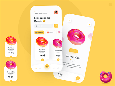 Donuts App 🍩😋 3d illustration 3dmodelling animation app concept branding c4d cute donut donut app design flat food app design icon liquid motion minimal mobile sweets donuts app plastic sweet tooth typography ui ux vector illustration