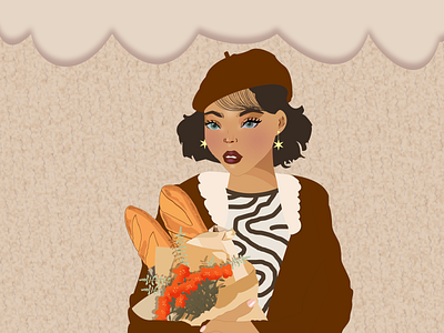 Girl with baguettes and flowers 2d baguette character design digital illustration dtiys flat flowers girl illustration people texture vector vector illustration vectorart