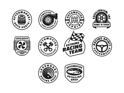 Automotive Badges Editable Templates (For Sale) badge black white custom design for sale gauge radar gear gearbox shift logo piston racing car auto speed fast race sticker symbol turbo kit shop typography wheel rims tires