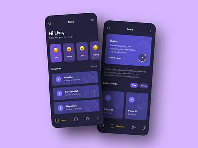 Meditation Application calm calming calmness dark theme dark theme ui health health app ios app ios app design medication meditation app mindful mindfullness mindfulness purple relaxation relaxing stress management