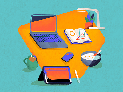Clean off your desk day book cereal clean computer desk illustration ipad lamp laptop plant table workspace