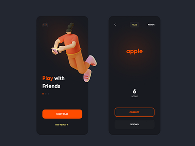 Word Game Concept - Dark Theme 2021 app dark dark theme friends game for friends game ui guess word gura nicholson minimalism minimalism ui mobile ui orange play team game trend trend 2021 user interface