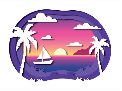 Sunset adobe illustrator beach design flat illustration illustrator landscape mountains sunset vector