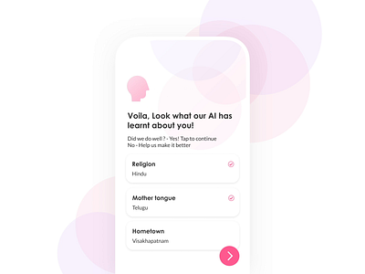 AI animation - Matchmaking app ai animation artificial intelligence clean ui dating datingapp hometown language matchmaking matrimony microinteraction mobile app onboarding prediction profile prototype religion status visual design