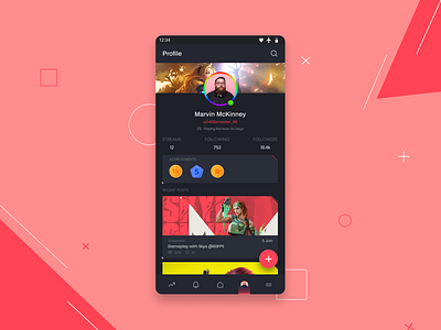 Game Streamer's Profile android app cyberpunk dark mode dark ui design figma game gamers medals mobile night sky stream streamers ui ux valorant