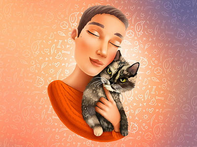 Portrait avatar with cat avatar calm cartoon cat cg character illustration love nft userpic woman