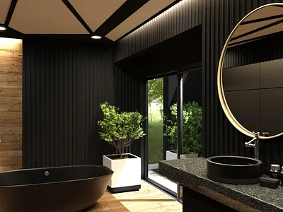 The North Bathroom 3d archviz bathroom bathtub black digital 3d hdri interior marble mirror plant sink wood