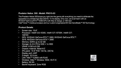 NEW Predator Helios 300 Model PH315 53