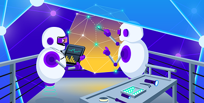 Synthetics Private Locations Editorial Illustration add data datadog editorial flat futuristic geometric hero image illustration internal monitoring network orb private locations robots saas synthetics tech tests vector