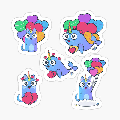 Valentines unicorn art. Kawaii cat, whale sticker. Kids sticker, animal art childrens heart kids lesbian lgbt lgbtq love magic rainbow romantic spirit sticker totem unicorn vacation valentine valentine day whale