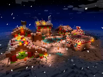 Holiday Winter Night in Little Village - RealmCraft Free Minecra build craft free minecraft game art game design games landscape minecraft building nature pixel art realmcraft