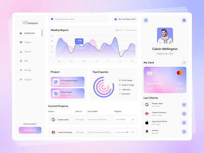 Workspace - Project Management Dashboard card chart dashboard dashboard design dashboard ui gradient gradient color gradient design project management ui ui design uiux