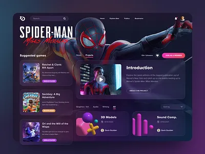 Gaming Collaboration Platform & Marketplace 🎮 3d art community dark ui design dribbble games games design glassmorphism illustration interface lviv pc ps4 ps5 spiderman ui ukraine ux web app