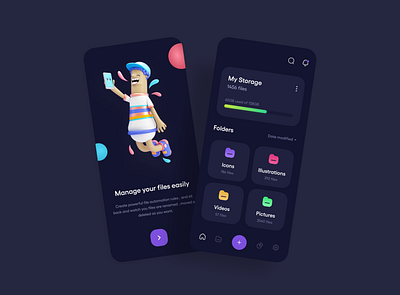 Cloud Storage Manager App 3d 3d art app application cloud dark dark mode design figma file manager flat illustration ios minimal mobile purple ui uiux ux