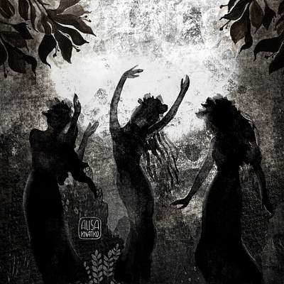 The Dance bw dance figure forest grunge illustration ink monochrome moon painting paper silhoutte traditional art