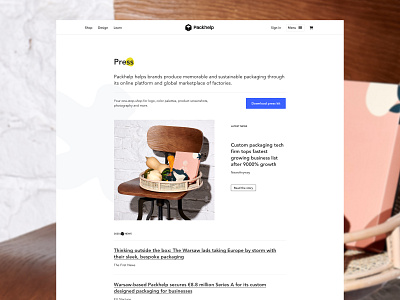Press Page article branding landing page media minimal news packaging packhelp photography press page typography ui web