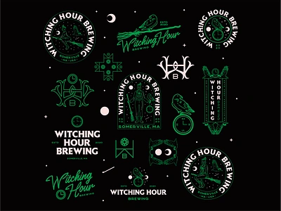 Brand Identity: Witching Hour Brewing beer brand design brand identity branding brewery clock craft creative dark graphic design illustration illustrator logo logo design moon raven vector vintage visual identity witch