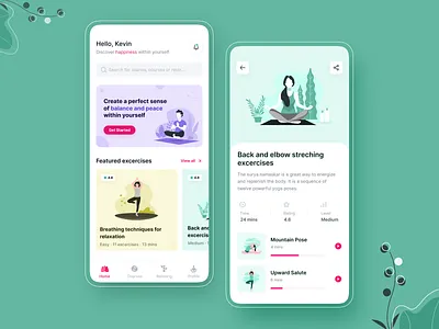 Yoga App calm cards concept design detail page fitness graphic healthy icons illustration interface meditate mindfulness mobile app mobile ui relax shadow yoga