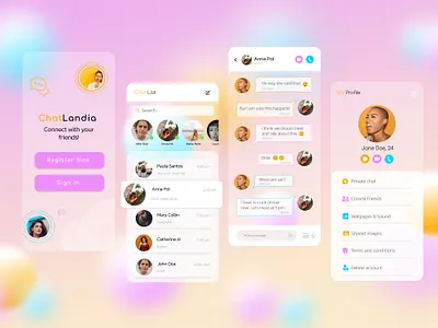 ChatLand Mobile App chatting app design figma glassmorphism mobile app mobile design mobile ui ui uidesign