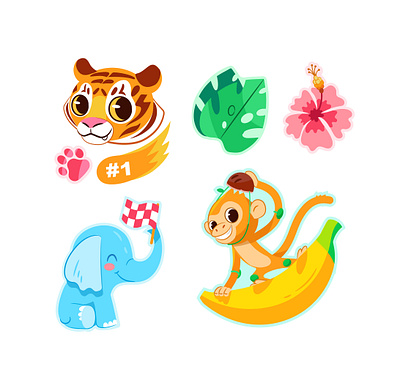 jungle sticker character cool elephant flower fun jungle kids kids illustration monkey monstera sticker tiger