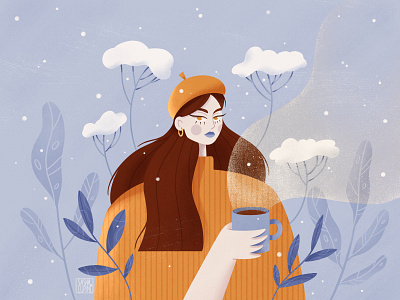 Snowy art characterdesign coffee creative drawthisinyourstyle female character flat illustration illustration plant procreate winter